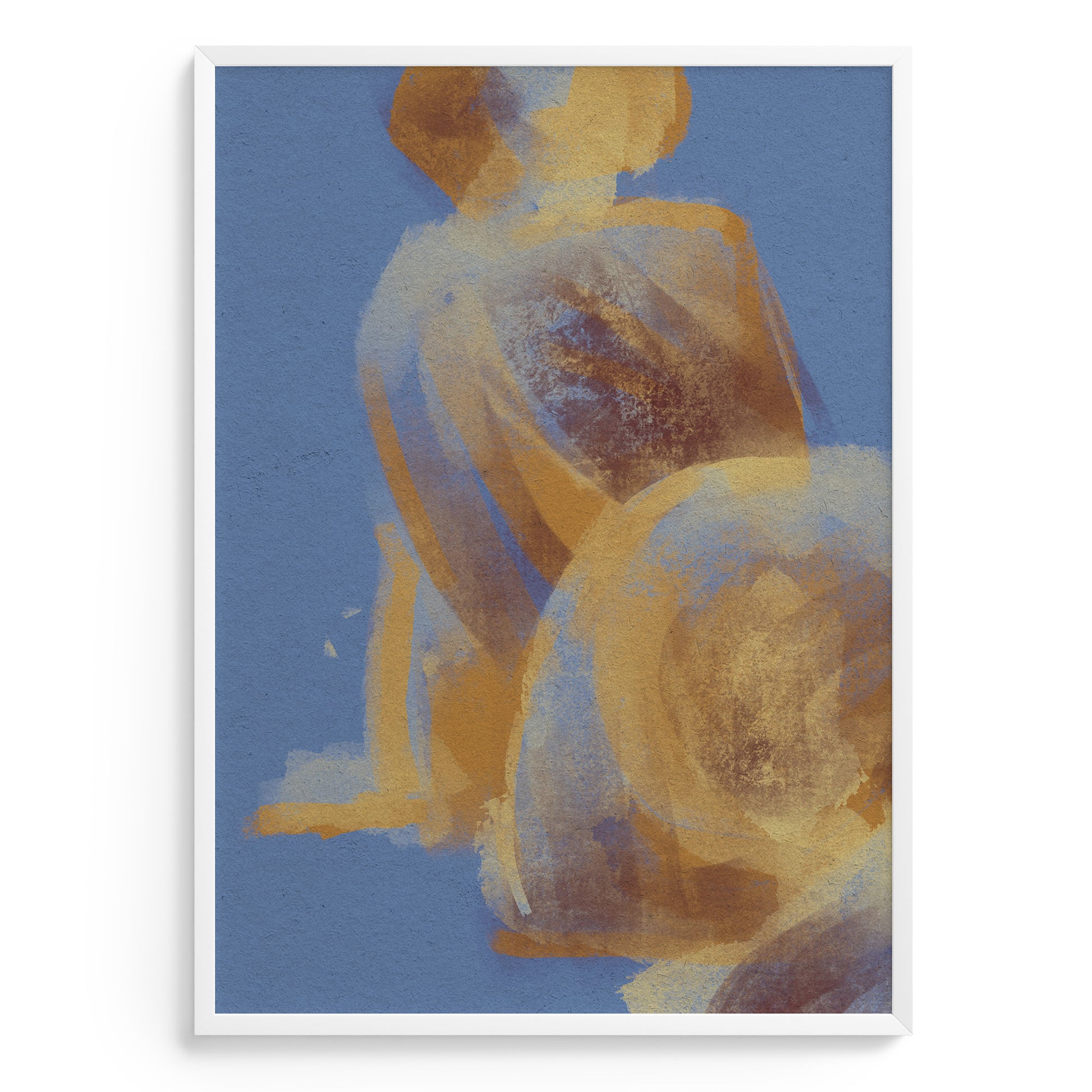 Abstract art print with a blue background and yellowish figure
