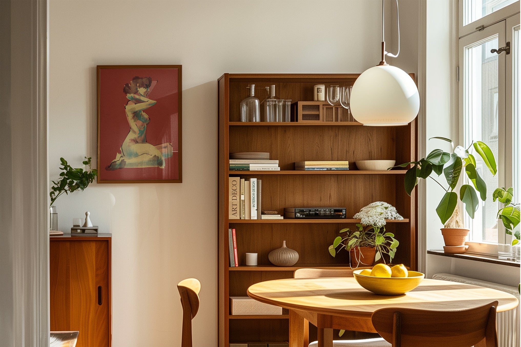 Living room with wooden bookshelf, table, and abstract interior poster