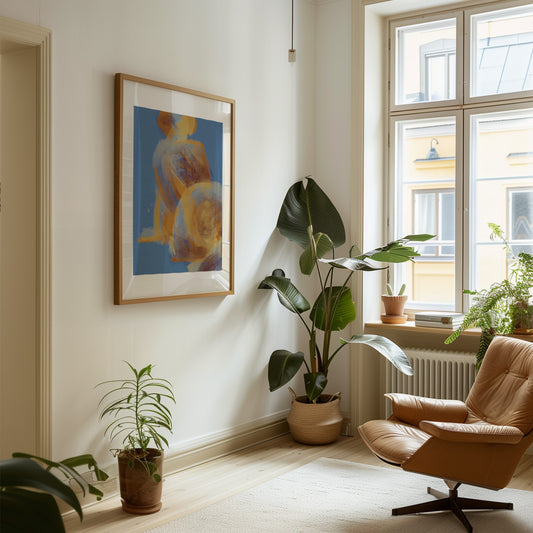 Modern living room with a brown armchair, potted plants, and a colorful abstract painting.