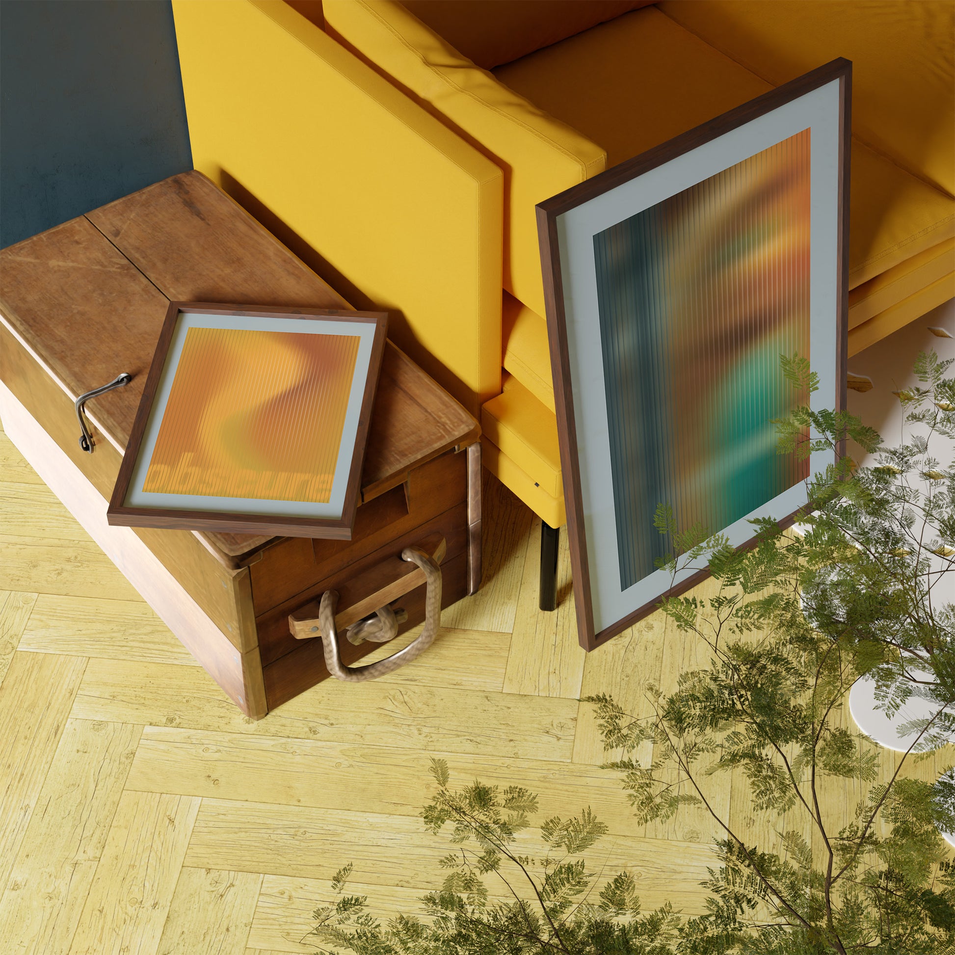 two abstract interior prints in yellow and brown-blue tones with a ribbed glass effect in the living room