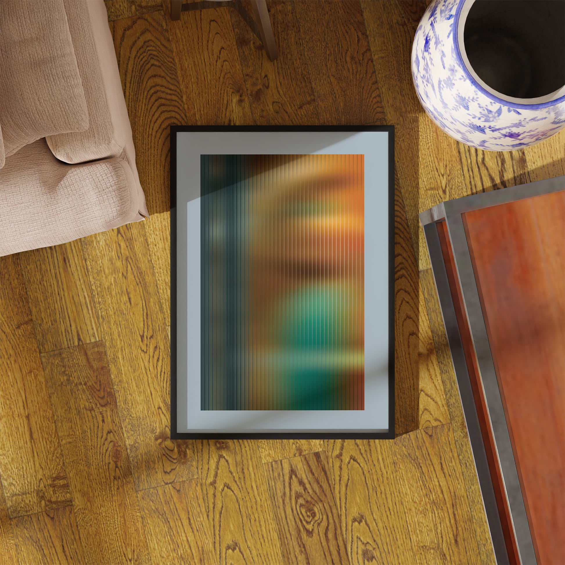 abstract interior poster in yellow-brown colors with ribbed glass effect in the black frame on the floor