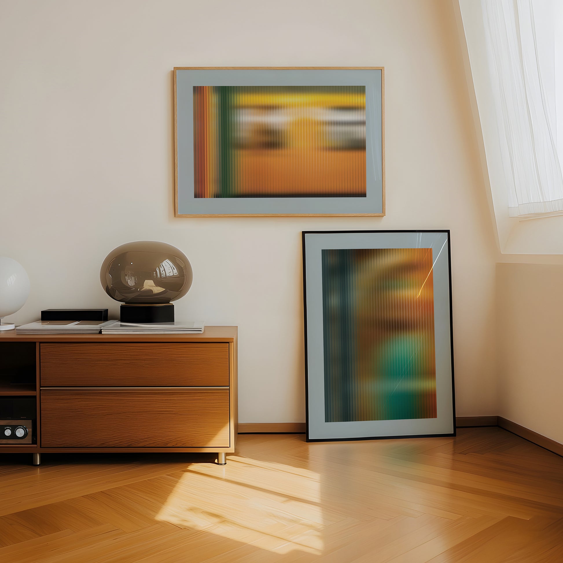 two abstract interior posters in yellow and brown-blue tones with the effect of ribbed glass in the Berlin subway in the living room