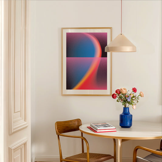 Modern interior poster in a room with table, chair, and vase with flowers.