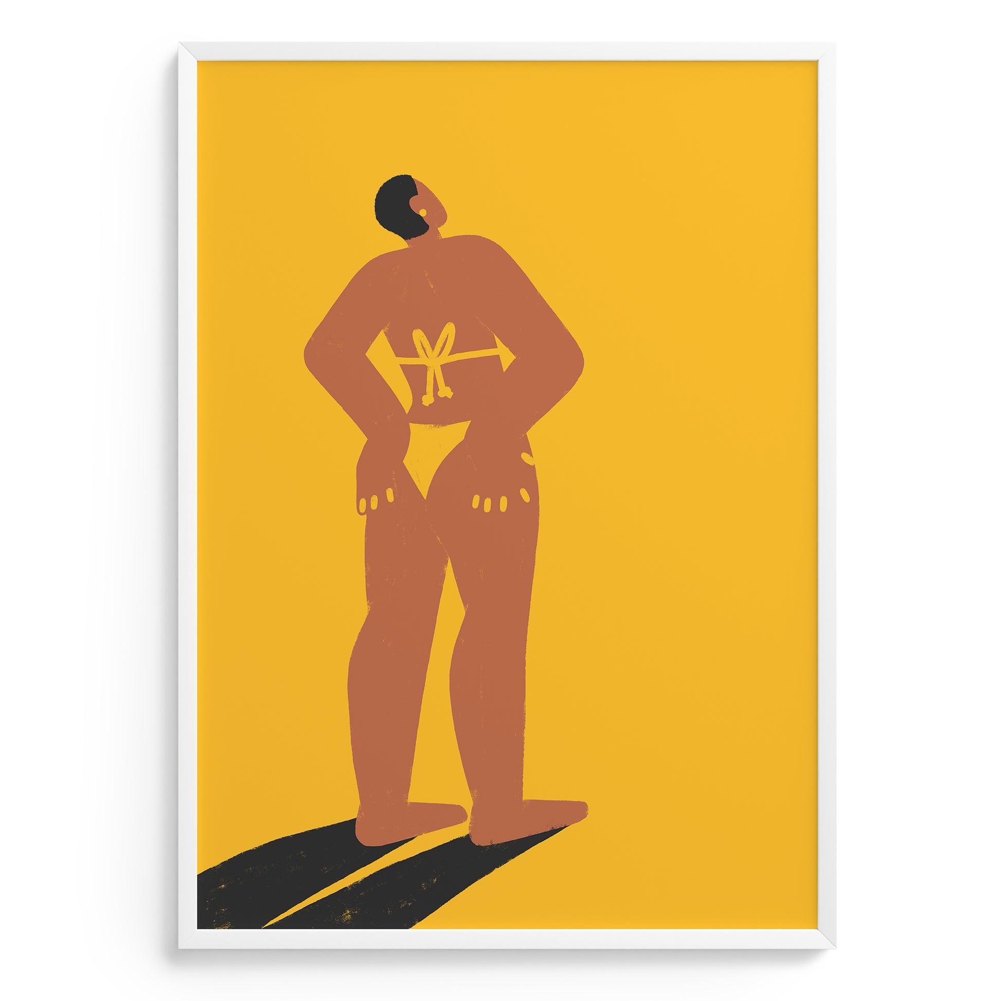 Art print of a stylized figure with a spear on a yellow background
