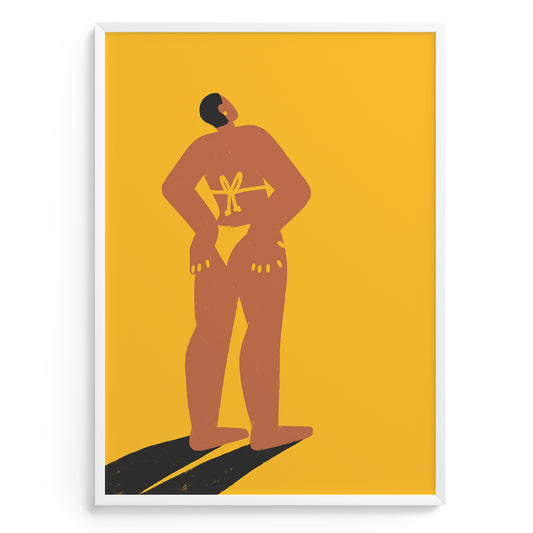 Art print of a stylized figure with a spear on a yellow background