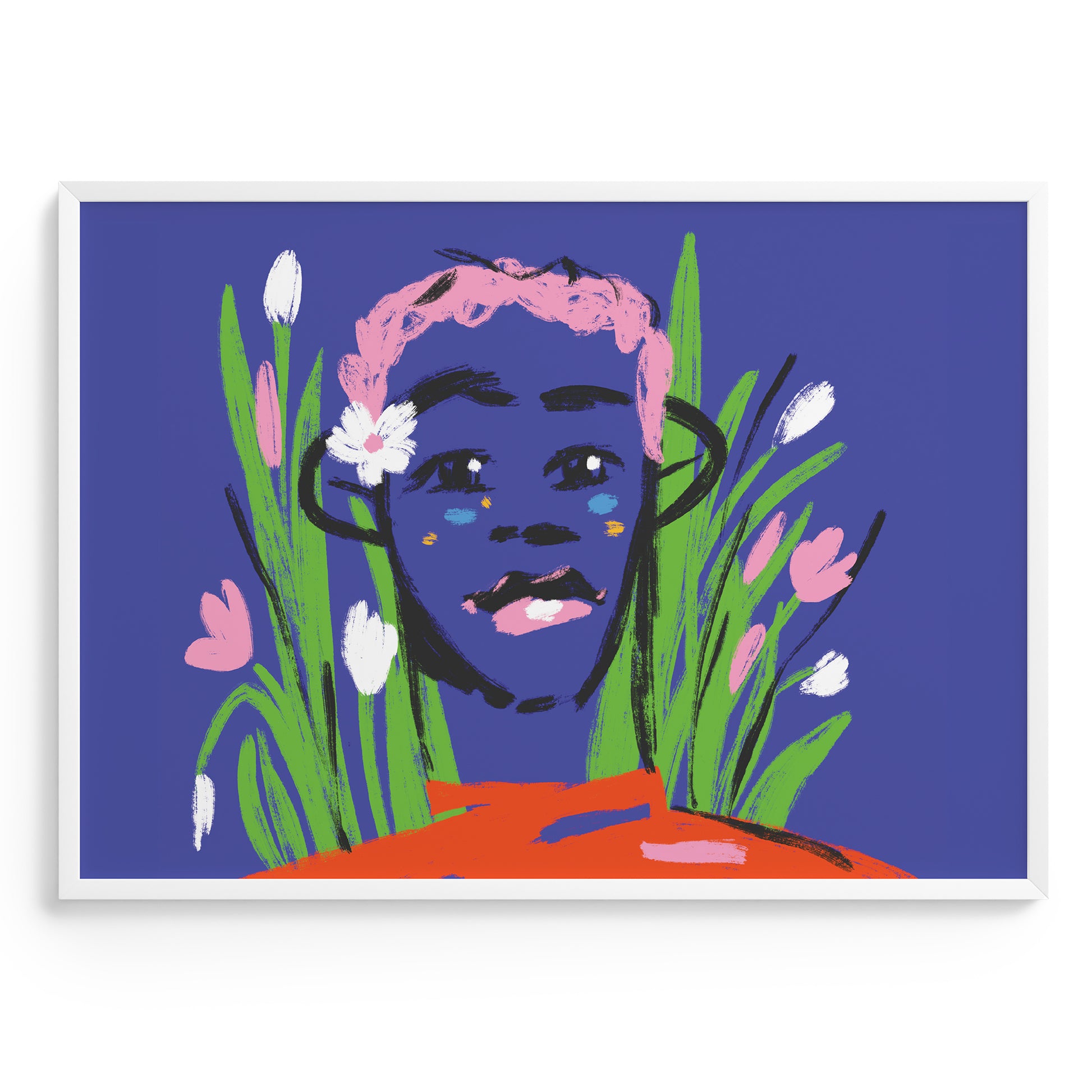 Artistic depiction of a boy with floral elements on a blue background