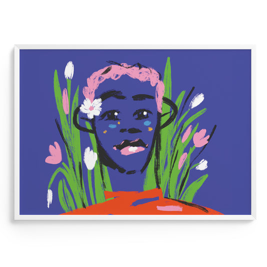 Artistic depiction of a boy with floral elements on a blue background