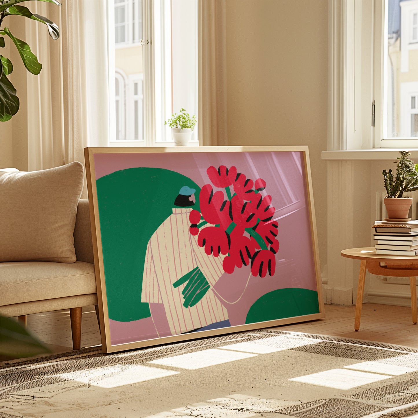 Framed abstract pink high quality poster in a living room with a couch and windows.