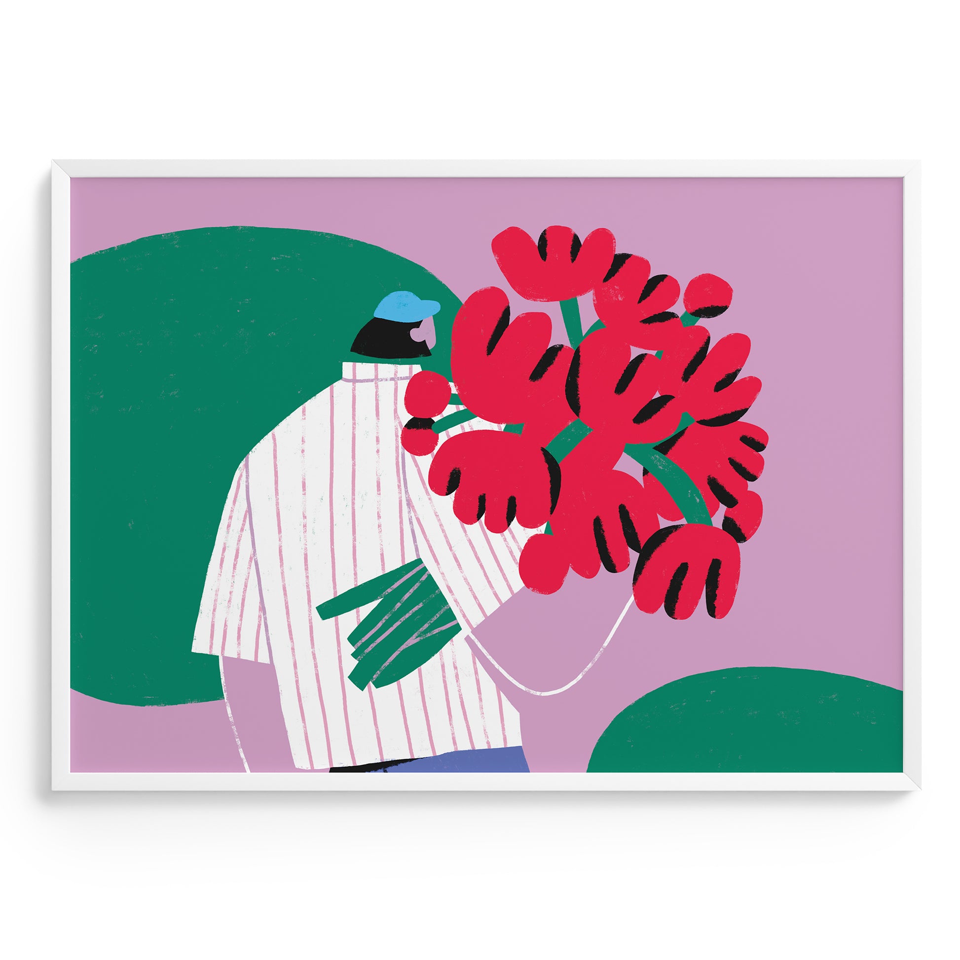 Illustration of a person holding red flowers against a purple background