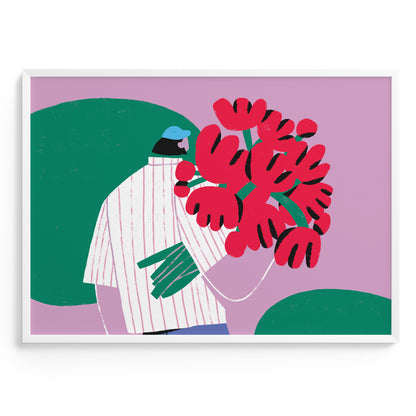 Illustration of a person holding red flowers against a purple background