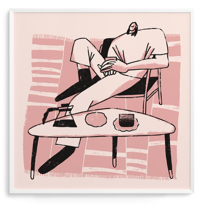 Illustration of a person sitting on a chair with a table in front, on a pink striped background.