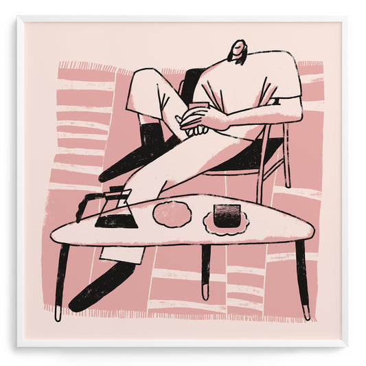 Illustration of a person sitting on a chair with a table in front, on a pink striped background.