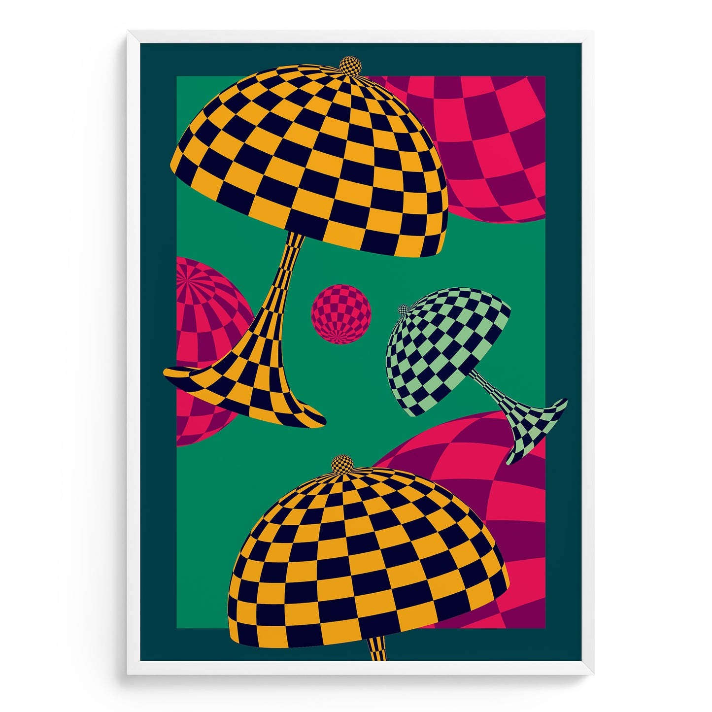 Colorful abstract art print with checkered patterns on a green background