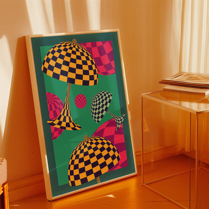 Framed abstract art print with checkered patterns on a wall.