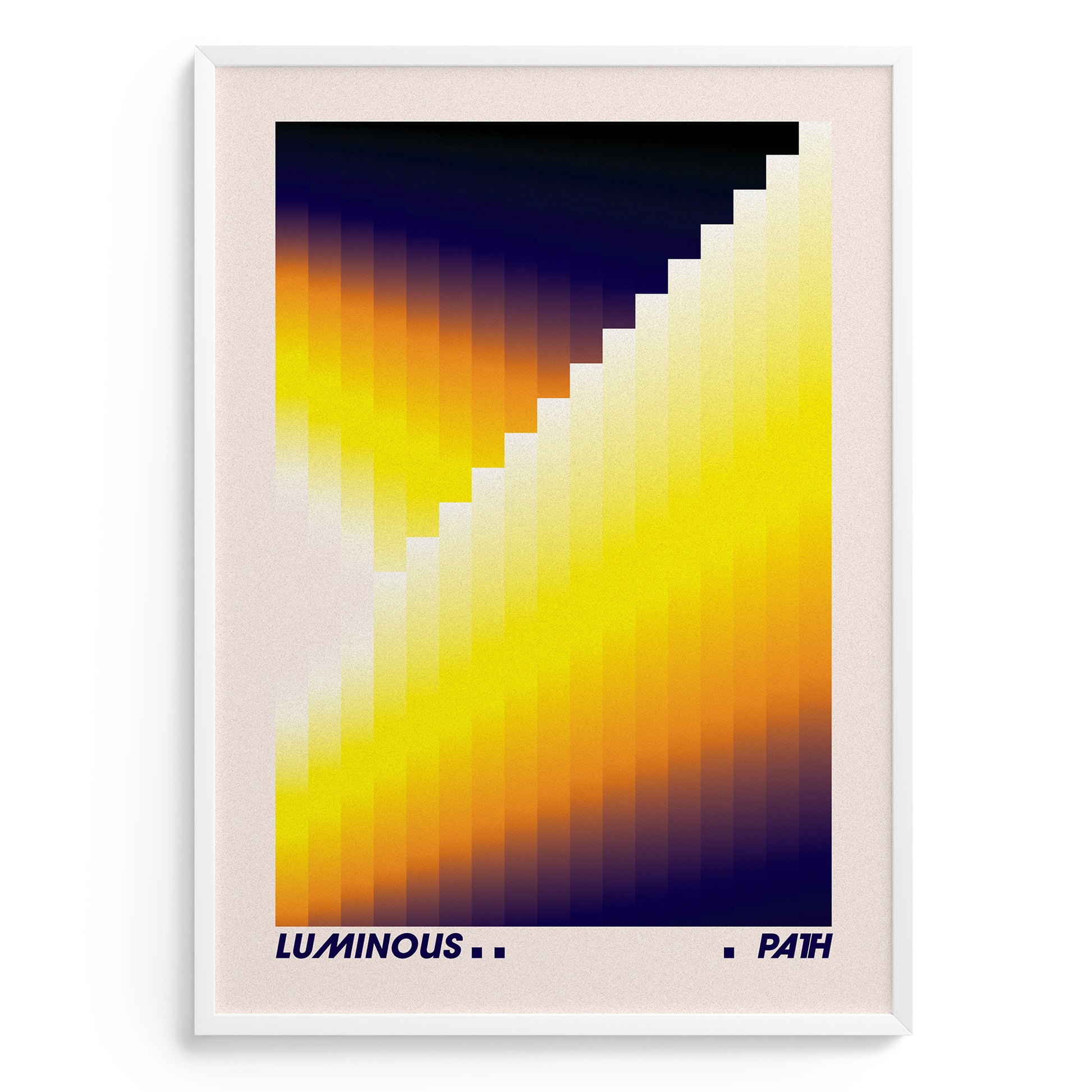 Poster with diagonal luminous path printed in yellow orange and navy