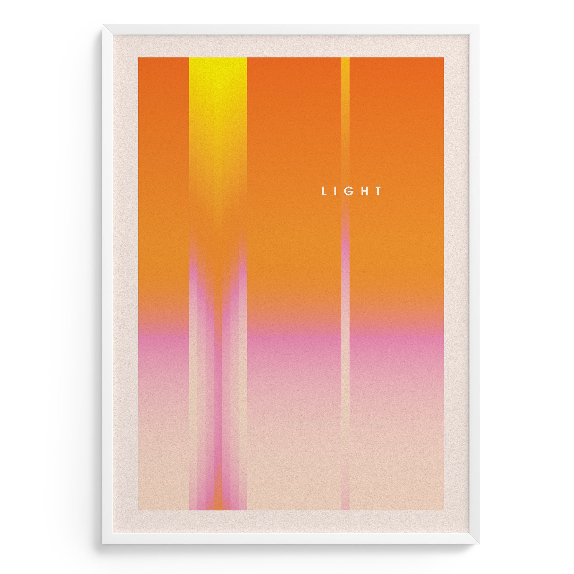 Framed abstract art print with vertical color bars in orange, yellow, and pink on a white background.