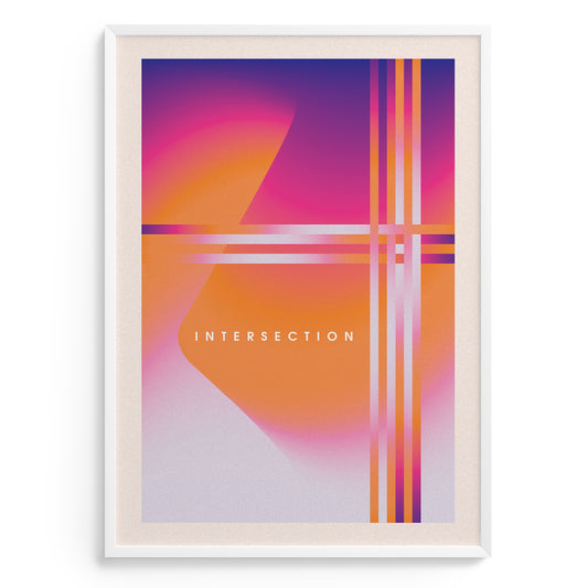 Framed abstract art print with geometric shapes and the word 'INTERSECTION' on a white background