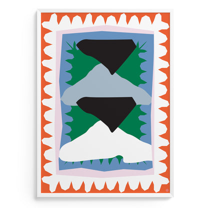Abstract art print with geometric shapes on a colorful border