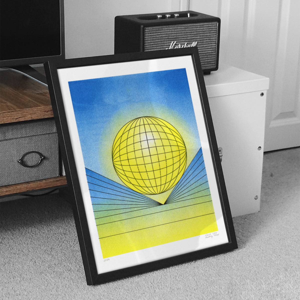 Jarim limited edition riso poster in blue and yellow in a black frame