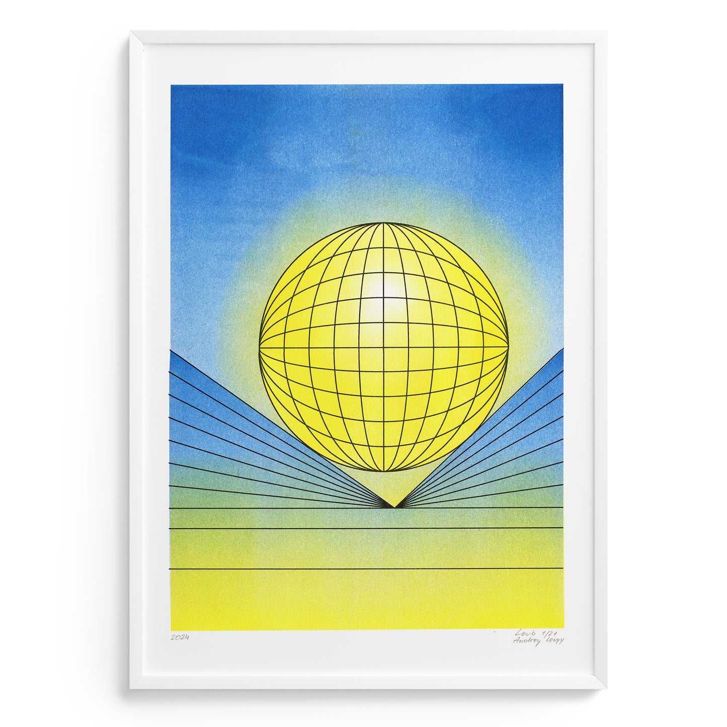 Abstract interior limited edition riso poster in blue and yellow