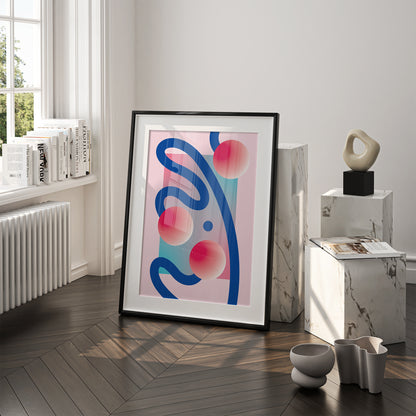 Jáhoda Poster with three circles and blue curved lines in a black frame