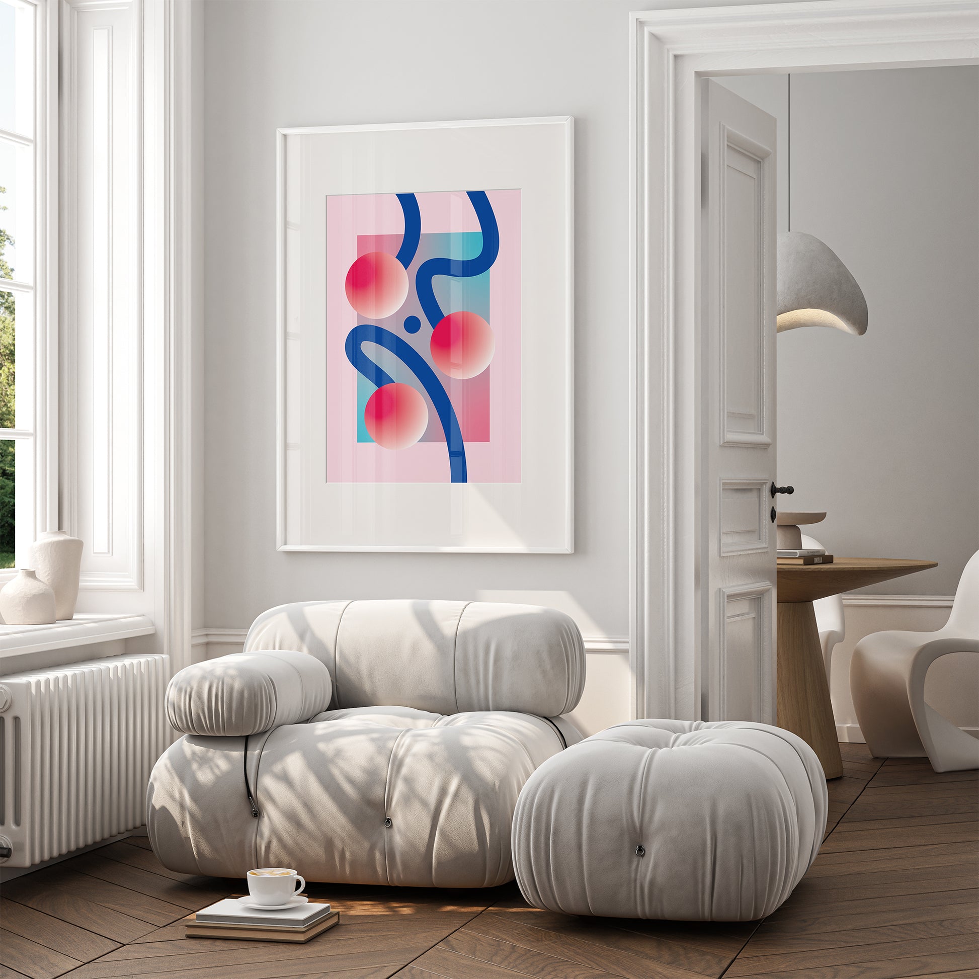 Jáhoda Poster with three circles and curved lines in a white frame on the wall