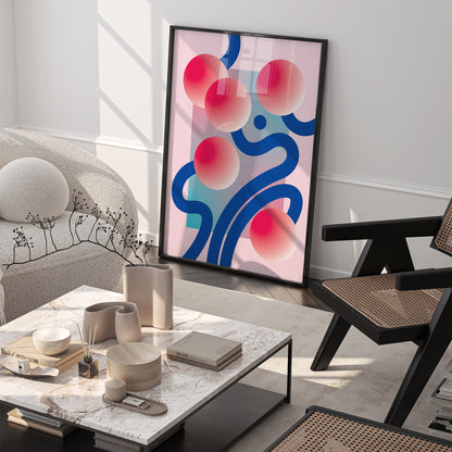 Jáhoda Poster with five circles and blue curved lines in a black frame in a living room