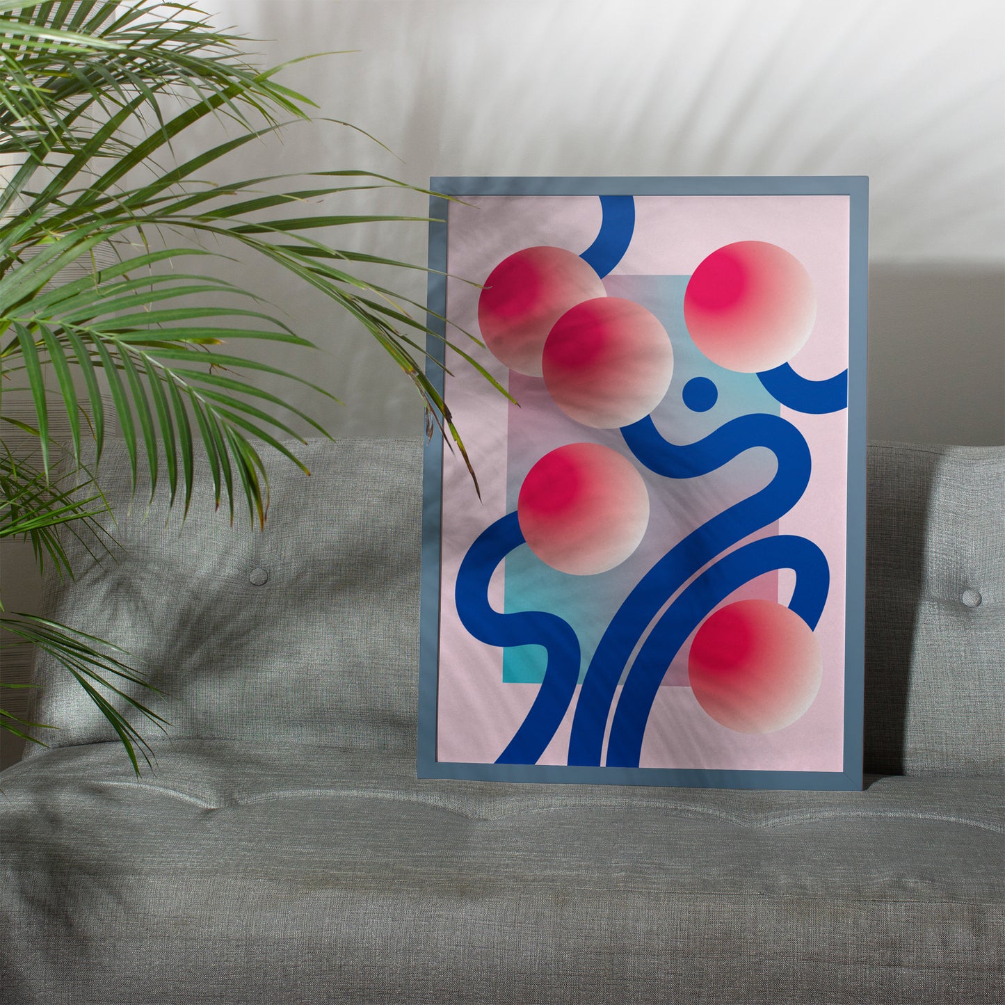 Jáhoda Poster with five circles and blue curved lines on the sofa