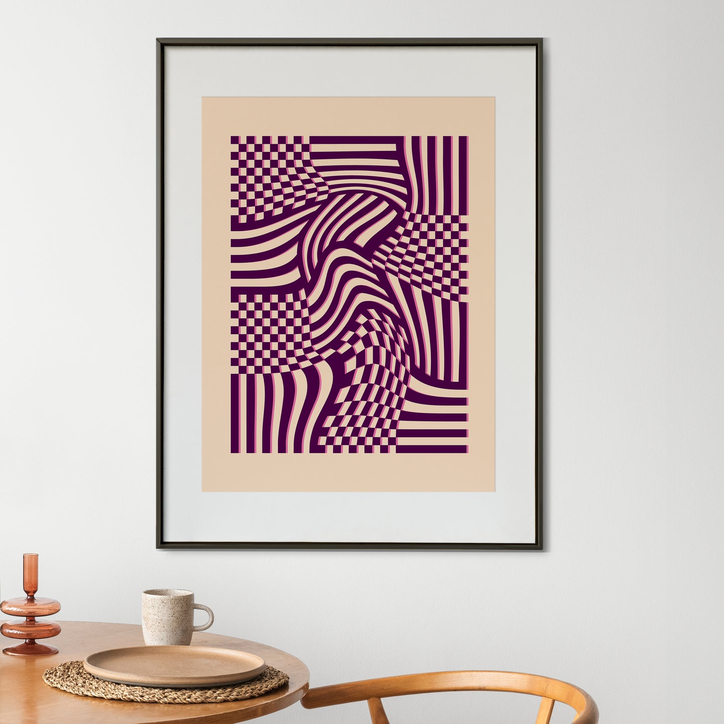 Wall Art Povetrie in violet and beige in a black frame on the wall