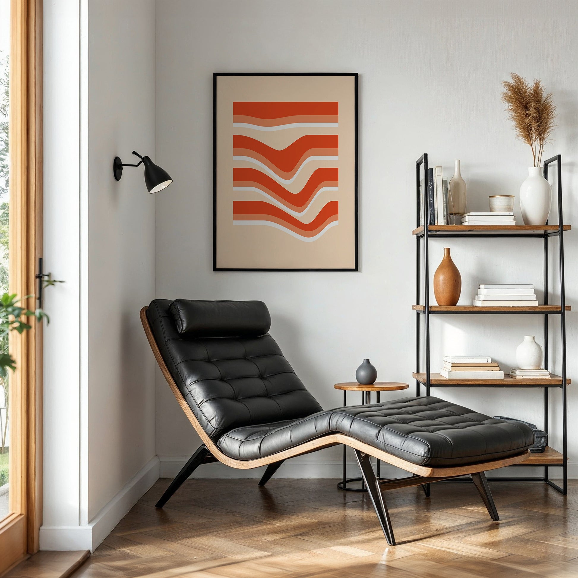 Wall Poster Povetrie with orange waves in a black frame on the wall in a living room 