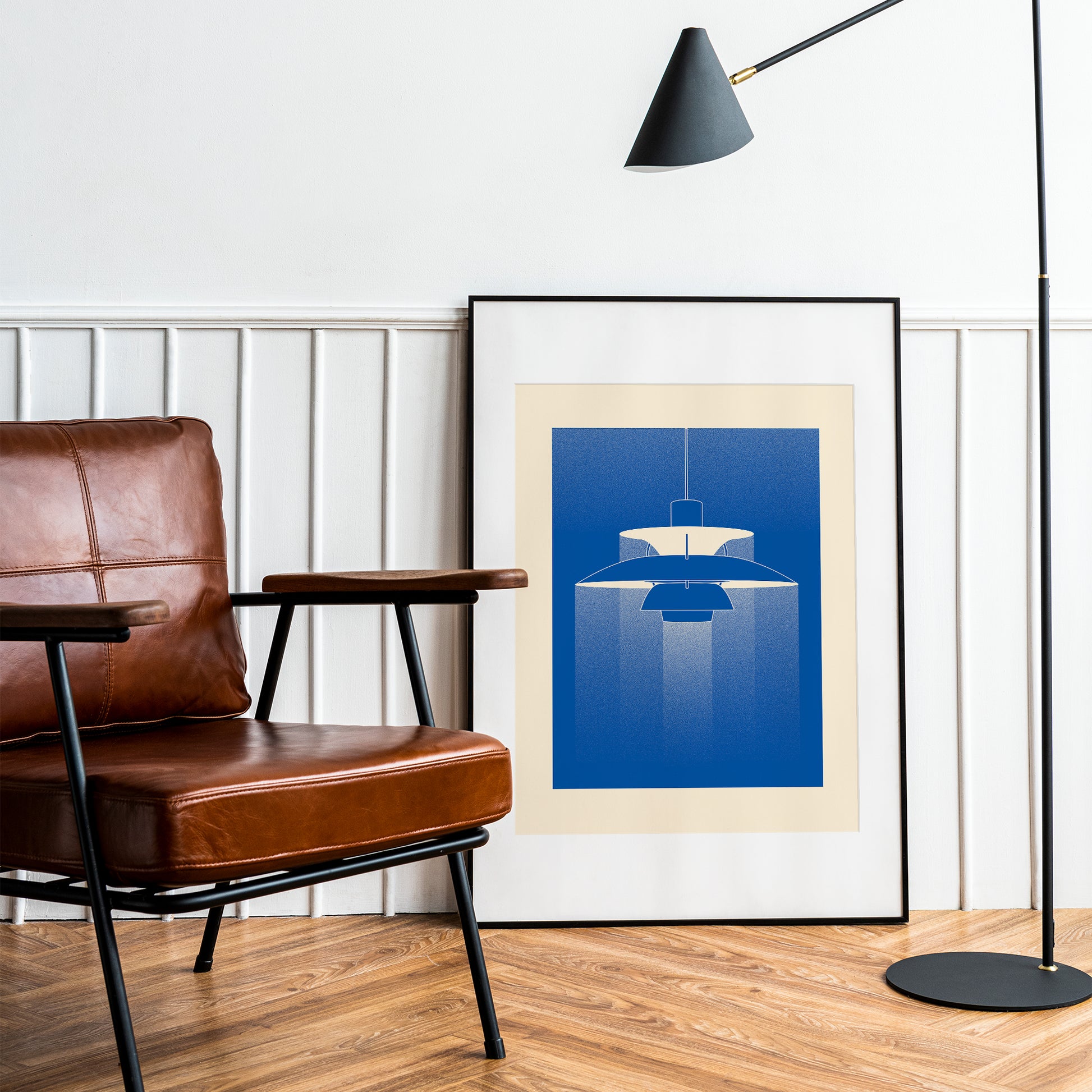 Wall art Svet with PH5 Lamp in beige and blue in a room with a chair