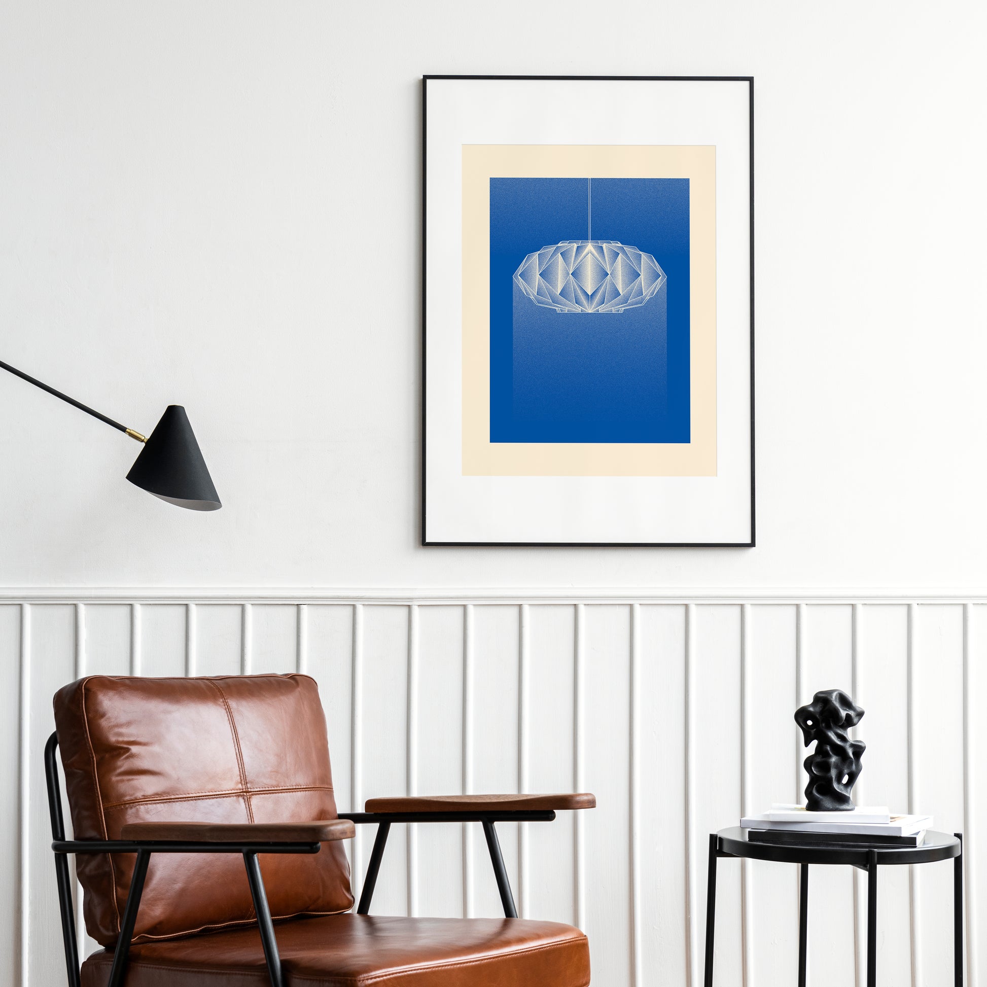 Wall art Svet with Le Klint 161 Lamp in beige and blue in a room with a chair