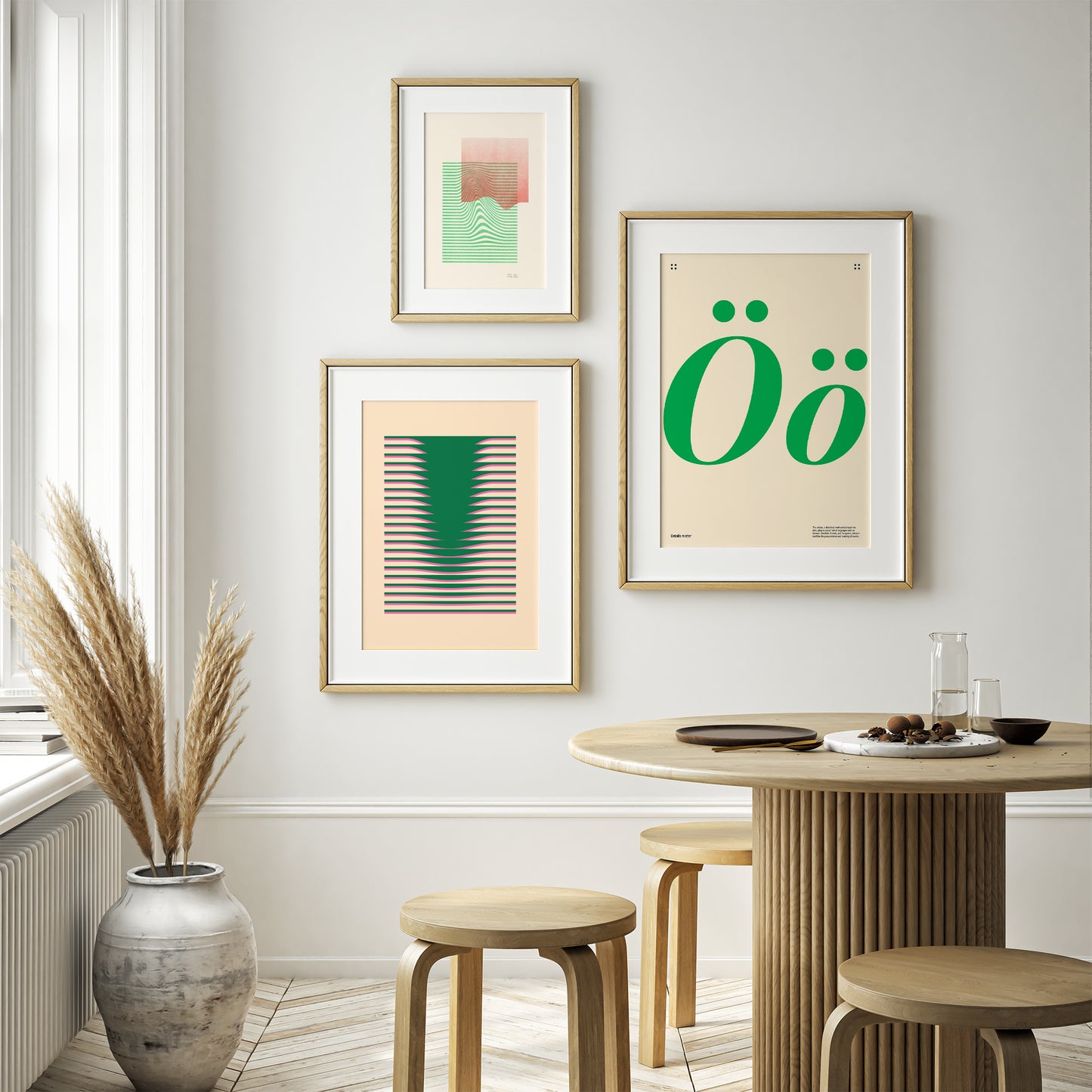 Posters with green shades on a white wall