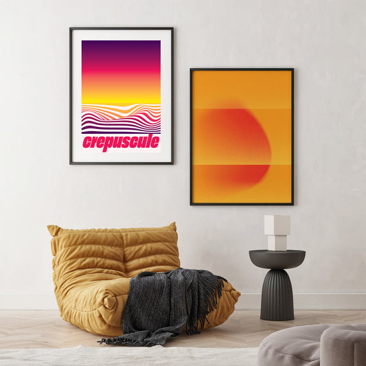 Two orange pink posters, comfortable yellow chairs with home decoration