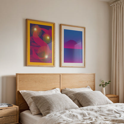 Two bright abstarct interior posters in a bedroom wall art and prints