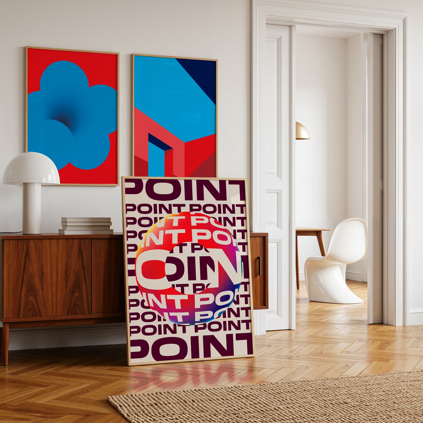 Modern interior with abstract art posters on a wall