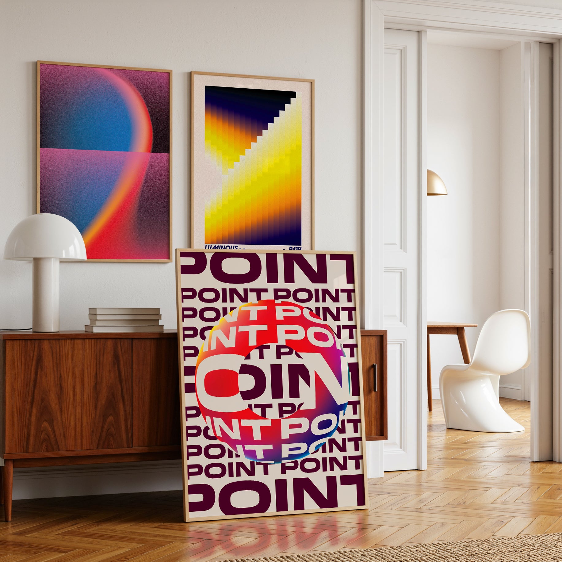 Modern interior with abstract art and a 'POINT' poster