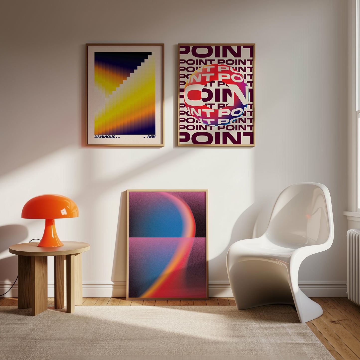 Modern interior with abstract posters on the wall, a white chair, and an orange lamp.