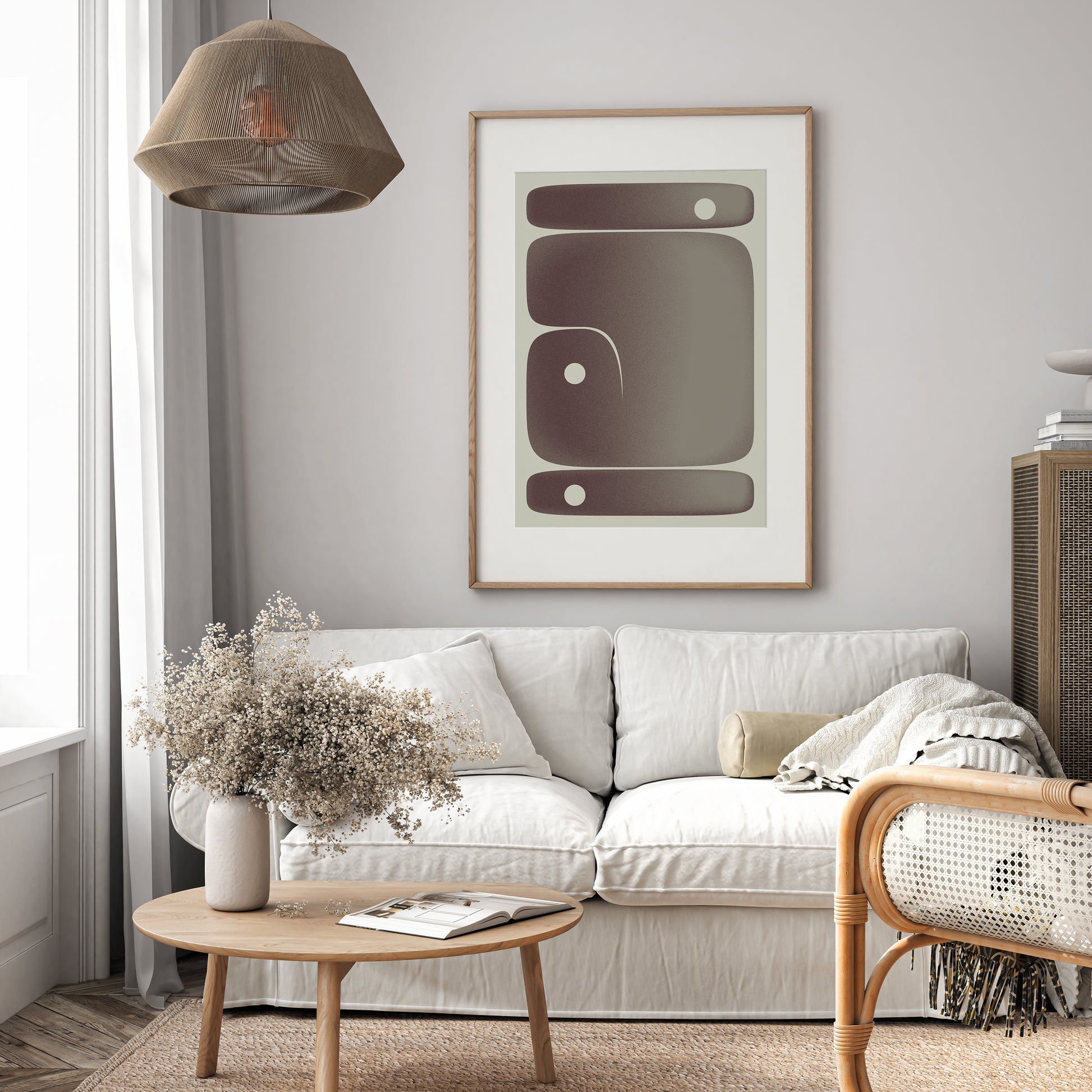 Poster Akmon in beige and brown in a wooden frame on the wall