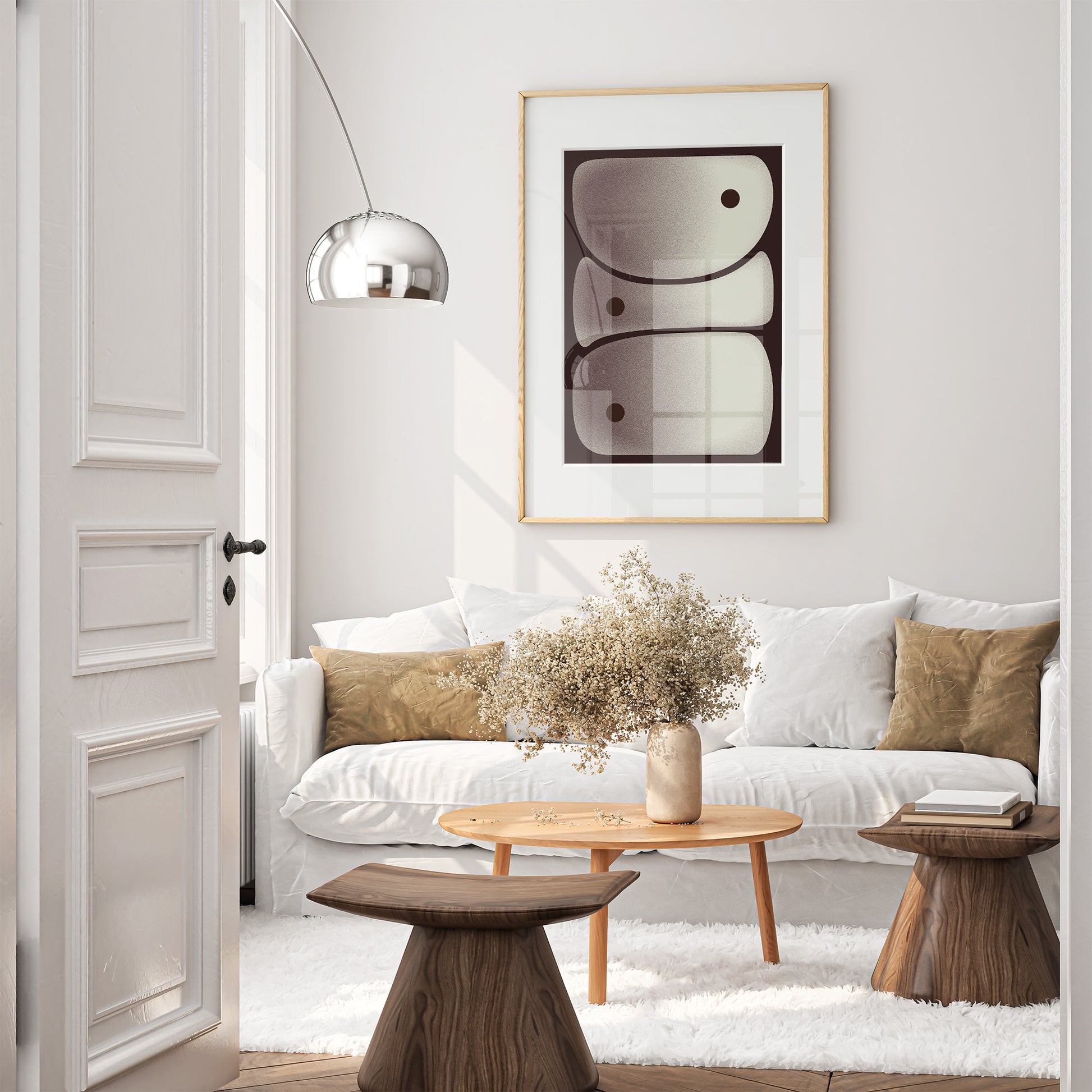 Artwork Akmon in beige and brown in a wooden frame on the wall