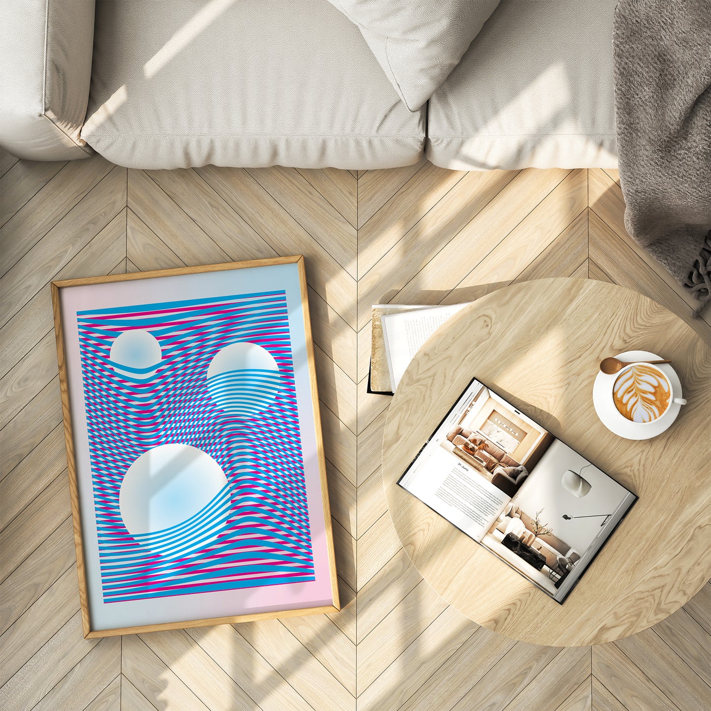  A framed poster with blue and pink wavy lines creating a distortion effect on the floor