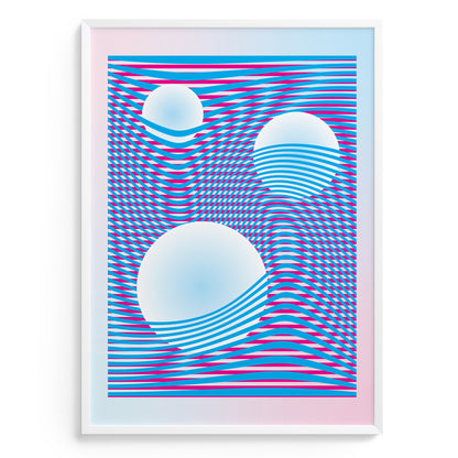  A framed poster with blue and pink wavy lines creating a distortion effect