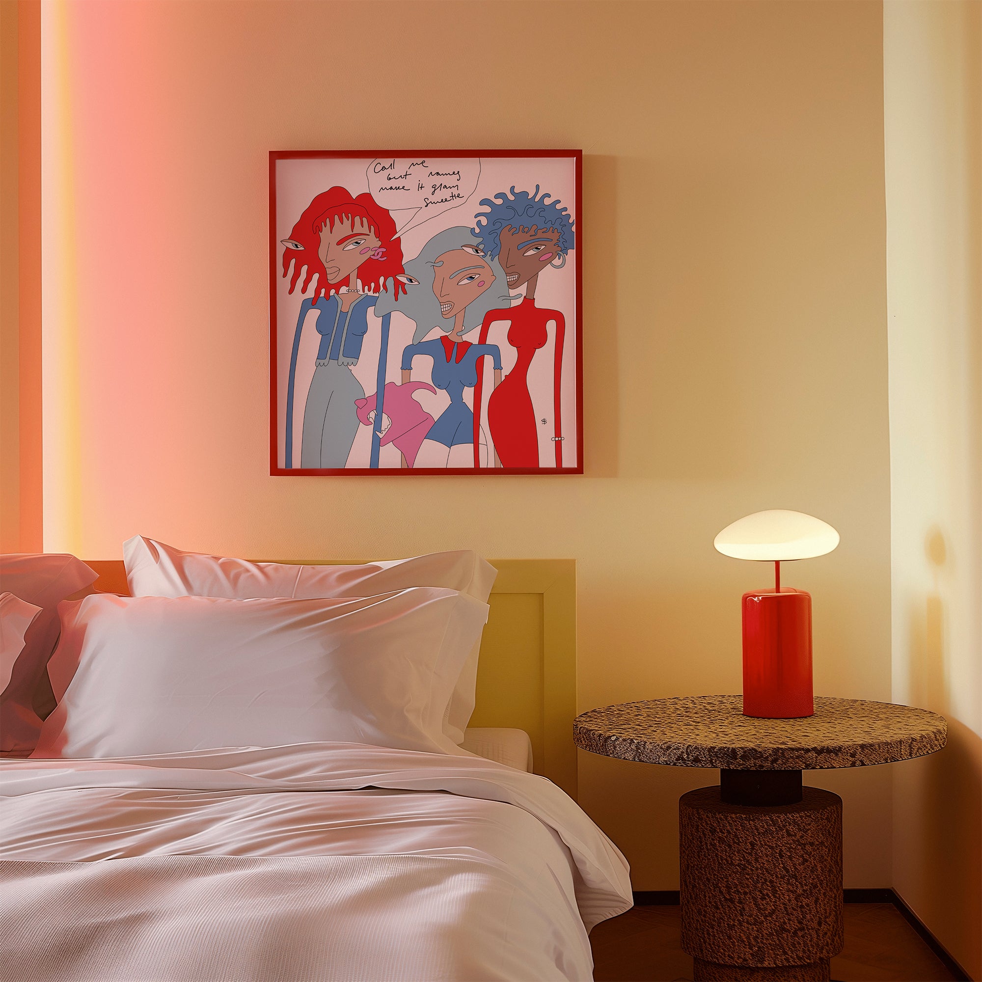 bright blue red interior poster with three frends women in a bedroom