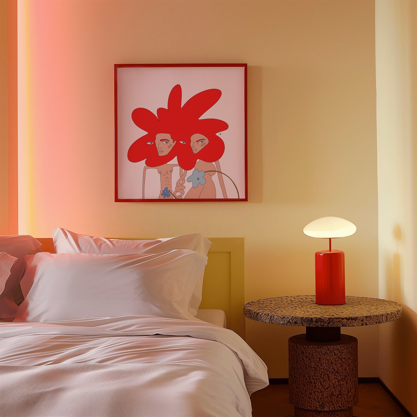 love poster with two abstract figures in red on the wall in a bedroom