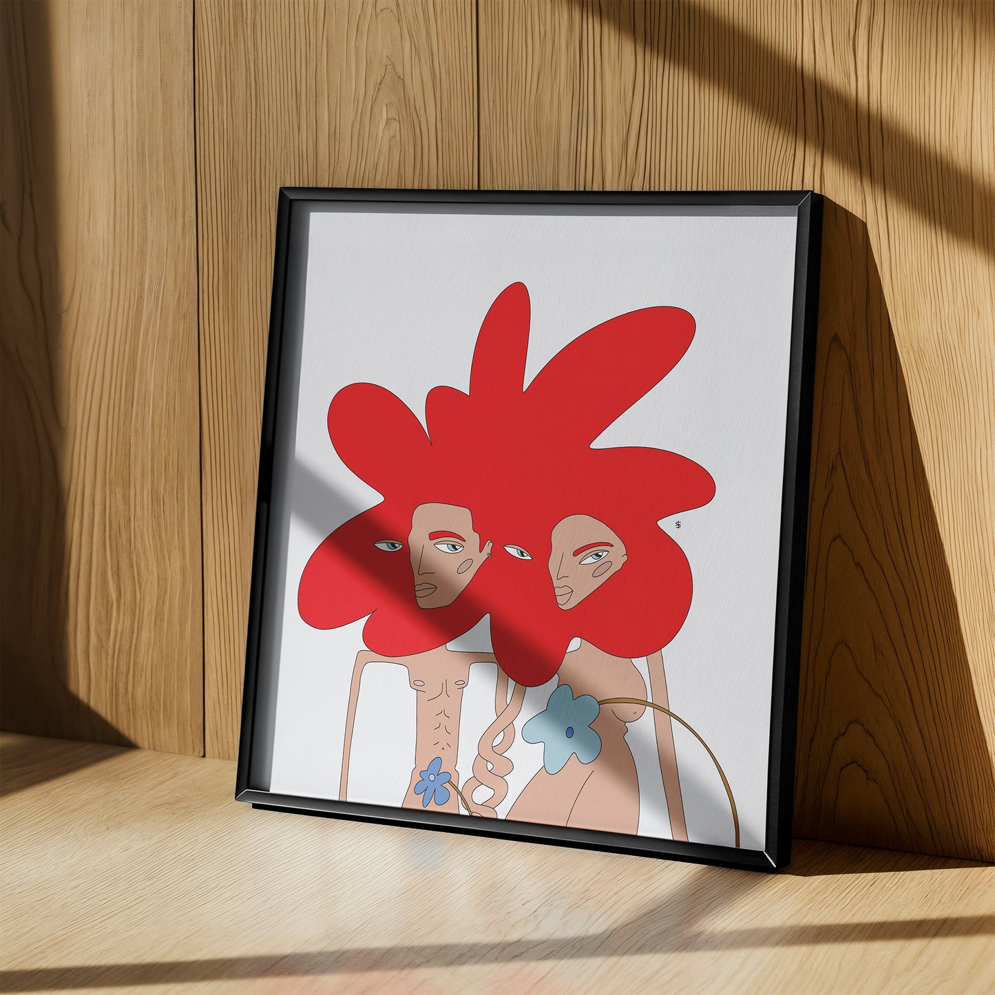 love poster with two abstract figures in red in a black frame