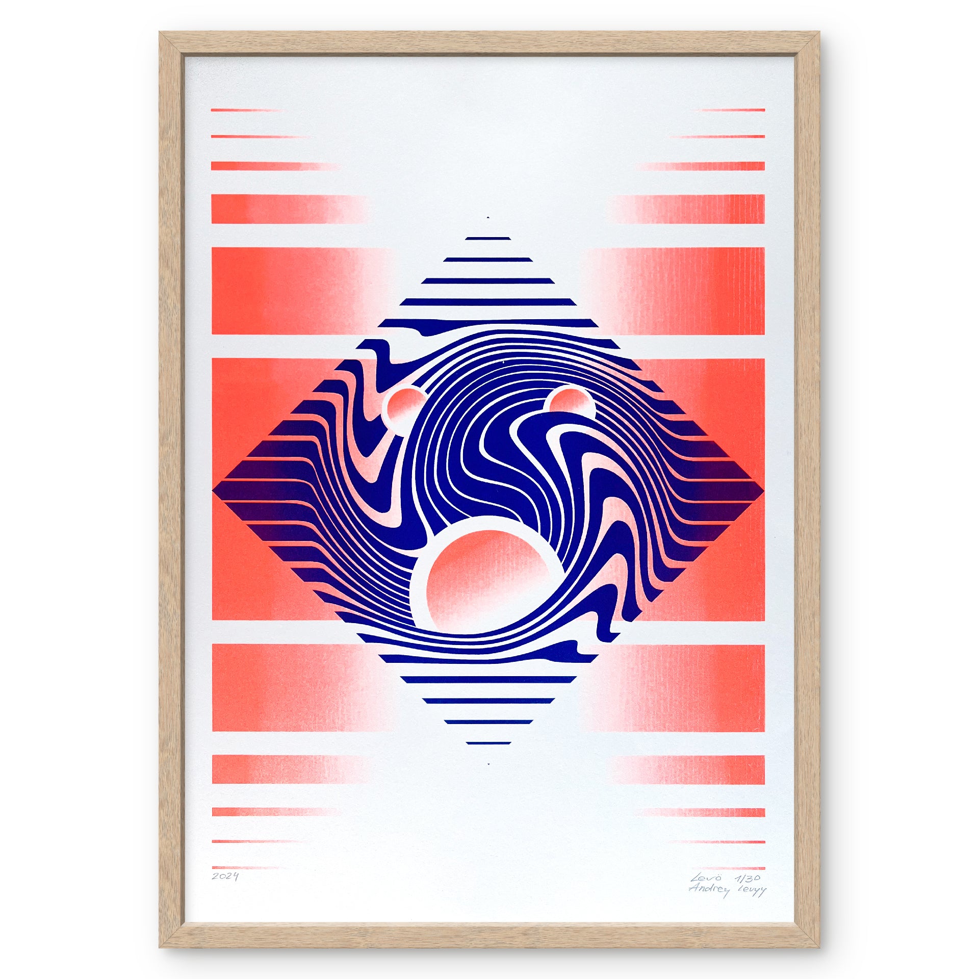 Limited edition risograhy poster with blue wave lines and orange gradient