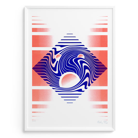 Limited edition risograhy poster with blue wave lines and orange gradient