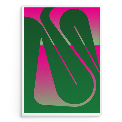 Interior print in with a curved line in green and pink