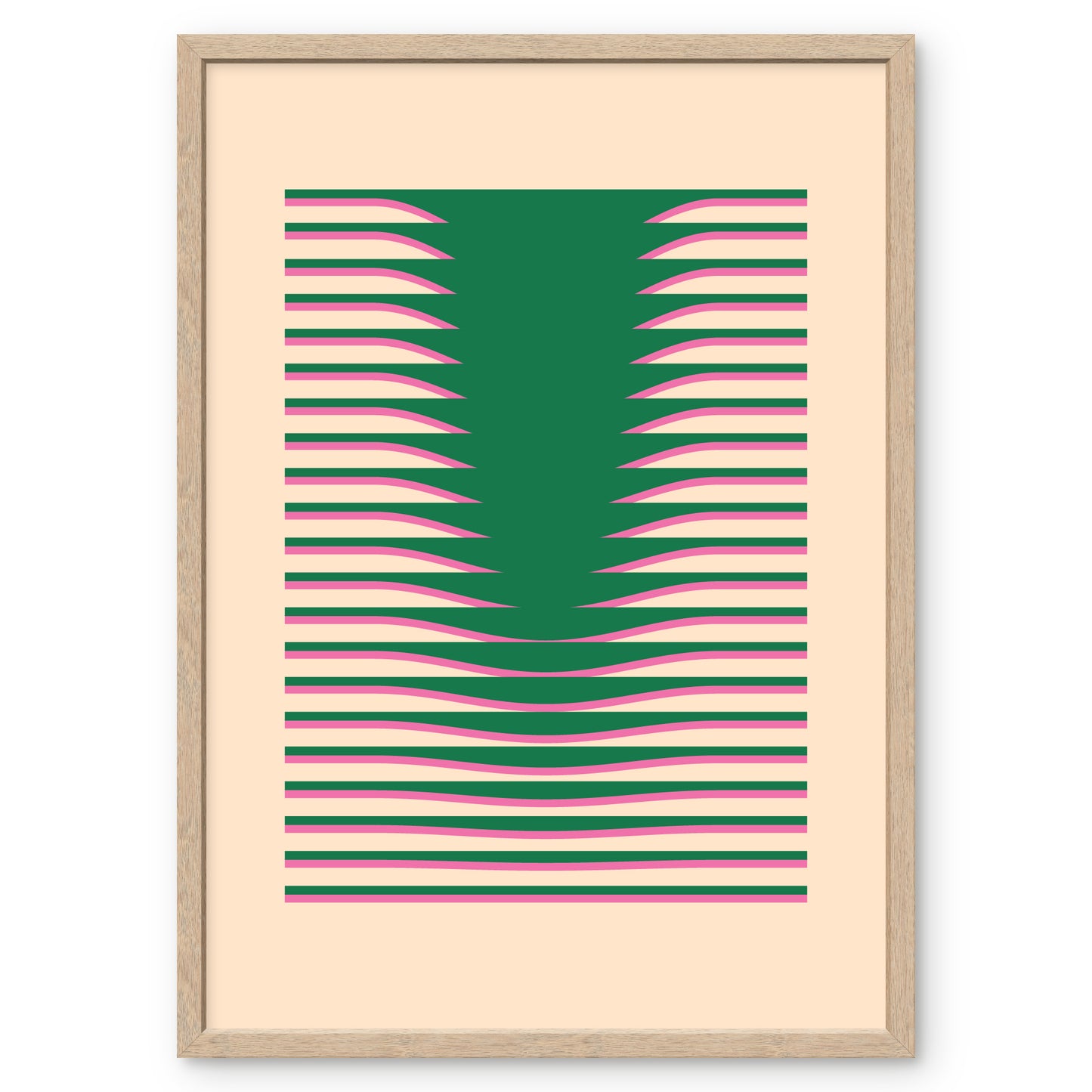 Digital printing poster Povetrie with green and pink abstract lines in a wooden frame