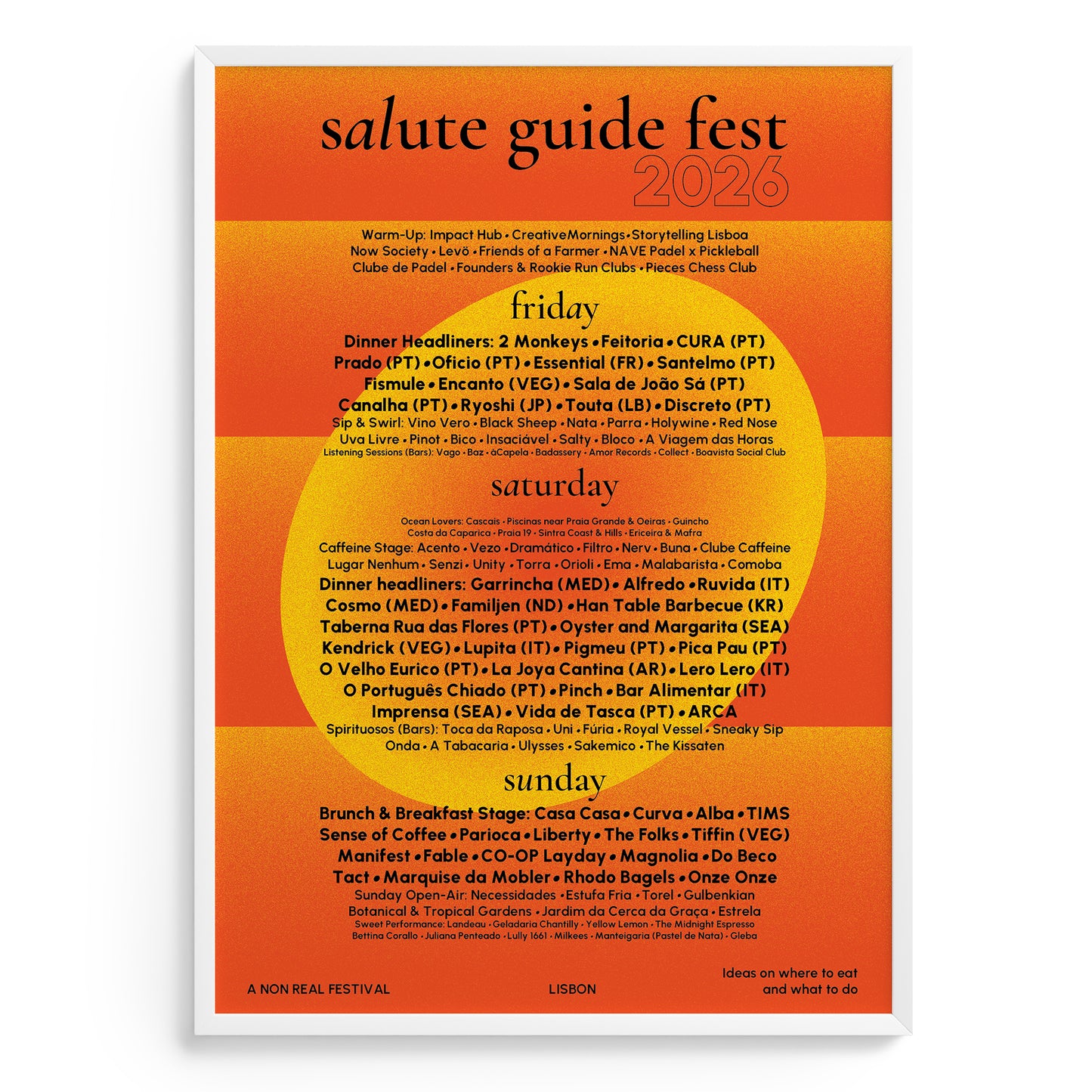 A square orange poster with a yellow-to-orange gradient background and black text reading 'salute guide fest 2026' at the top, followed by weekly event schedules for Friday, Saturday, and Sunday. Smaller text at the bottom reads 'A NON REAL FESTIVAL' and 'LISBON'.